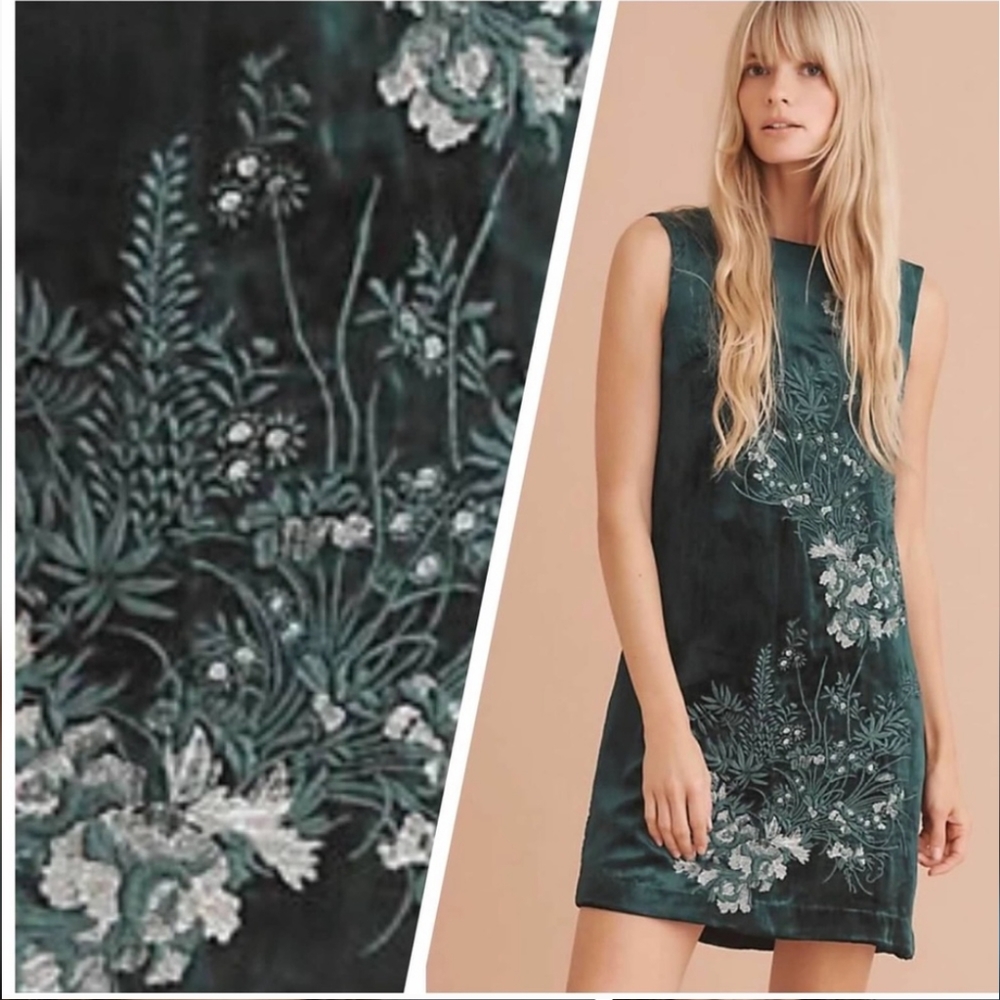 NWT Anthropology Embroidered Velvet Floral Shift Dress 12